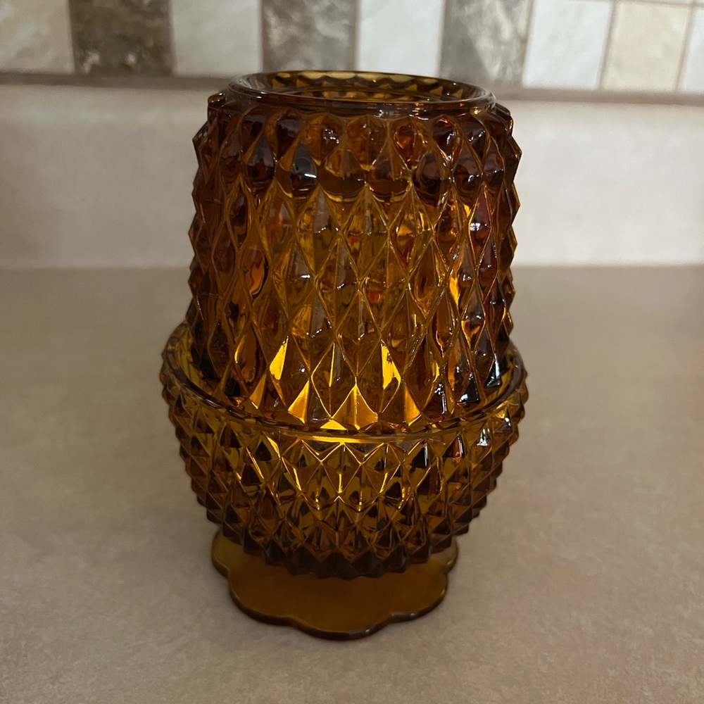Vintage Amber Indiana Glass Diamond Point Fairy Lamp 2 Piece Tea Light Holder